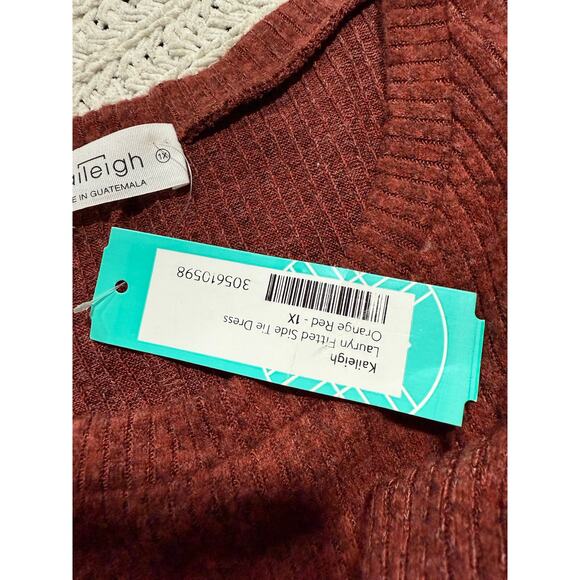 NWT Kaileigh Lauryn Fitted Side Tie Dress Womens Plus Sze 1X Orange Red Ribbed - Picture 7 of 8